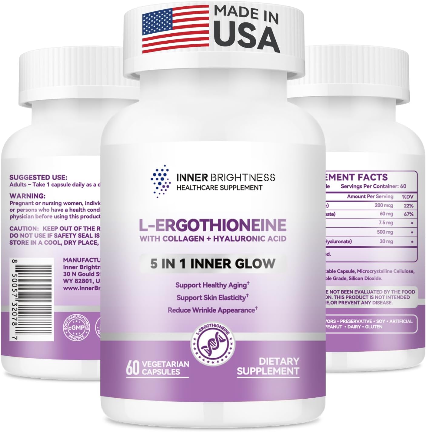 Inner Brightness L-Ergothioneine con Ácido Hialurónico y Colágeno, 60 Cápsulas