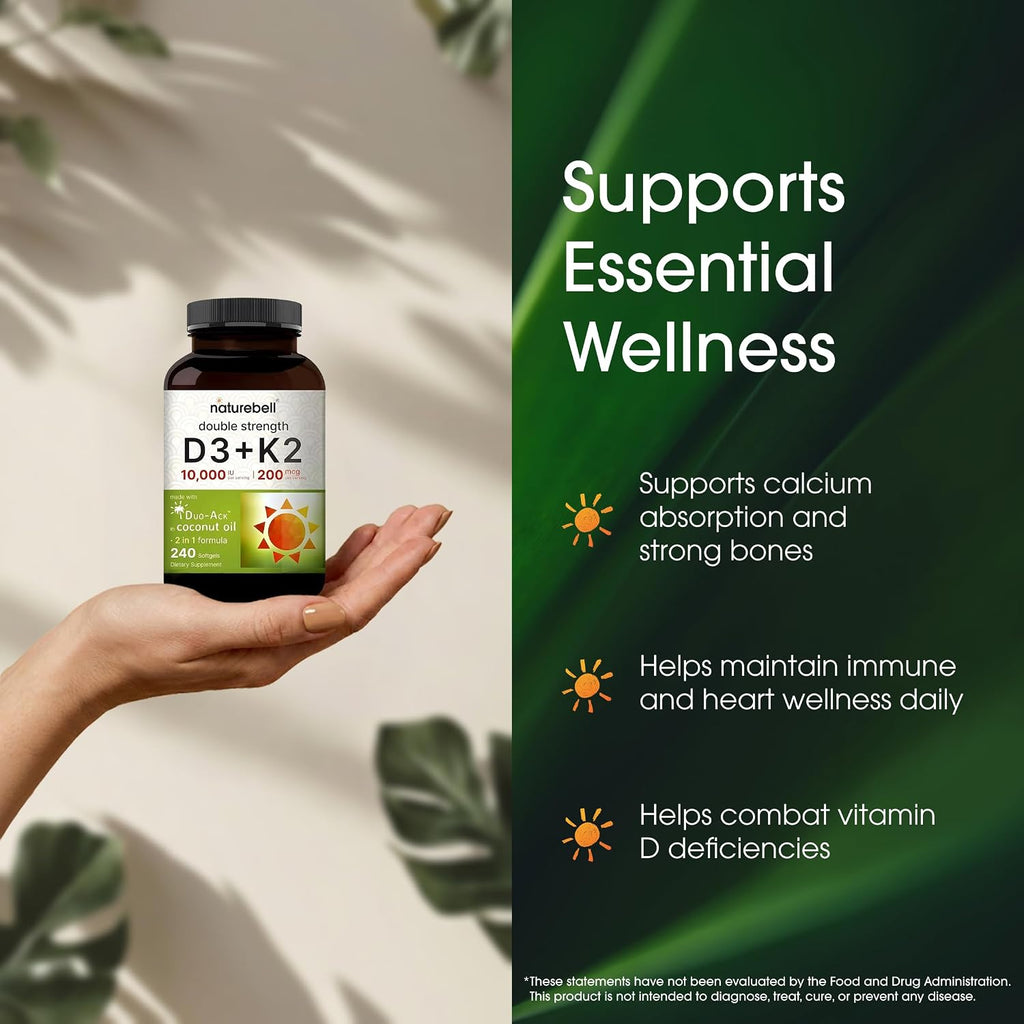 NatureBell Vitamina D3+K2 10.000 UI + 200 mcg MK-7 - 240 Cápsulas Blandas