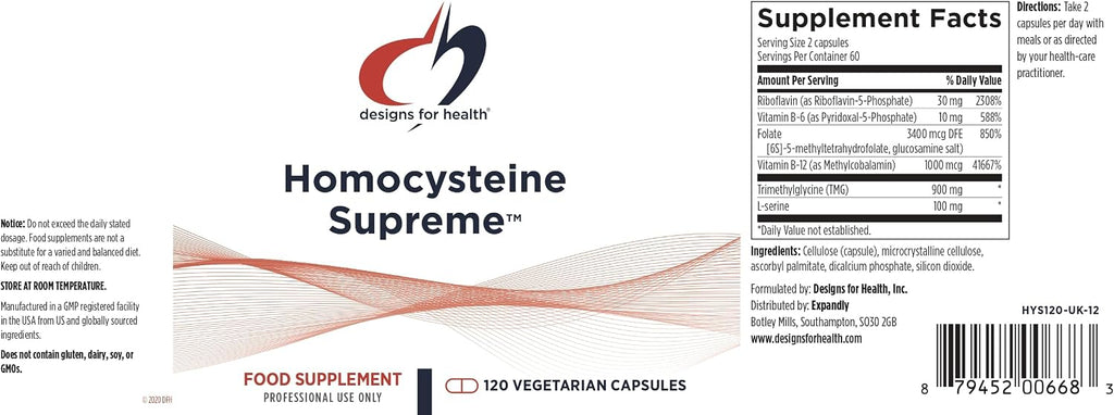 Designs for Health Homocysteine Supreme - Complejo de Vitaminas B Metilado con Riboflavina, B6, B12, Folato, L-Serina y TMG (120 Cápsulas)