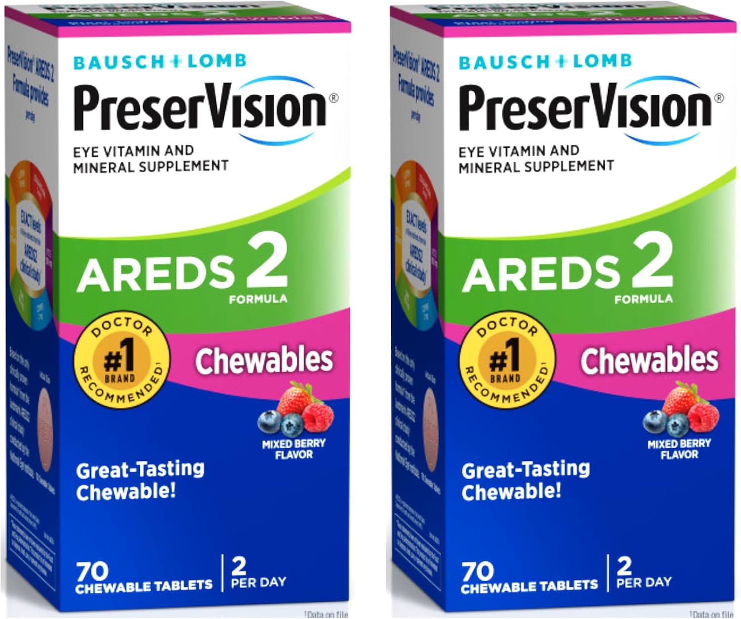 PreserVision AREDS 2 Suplemento Ocular Masticable, Sabor Bayas Mixtas, 70 Comprimidos (Paquete de 2)