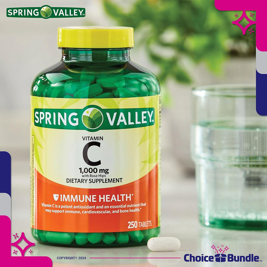 Choice Bundle Spring Valley Vitamina C 1000 mg con Escaramujo, 250 comprimidos + Guía y Pastillero
