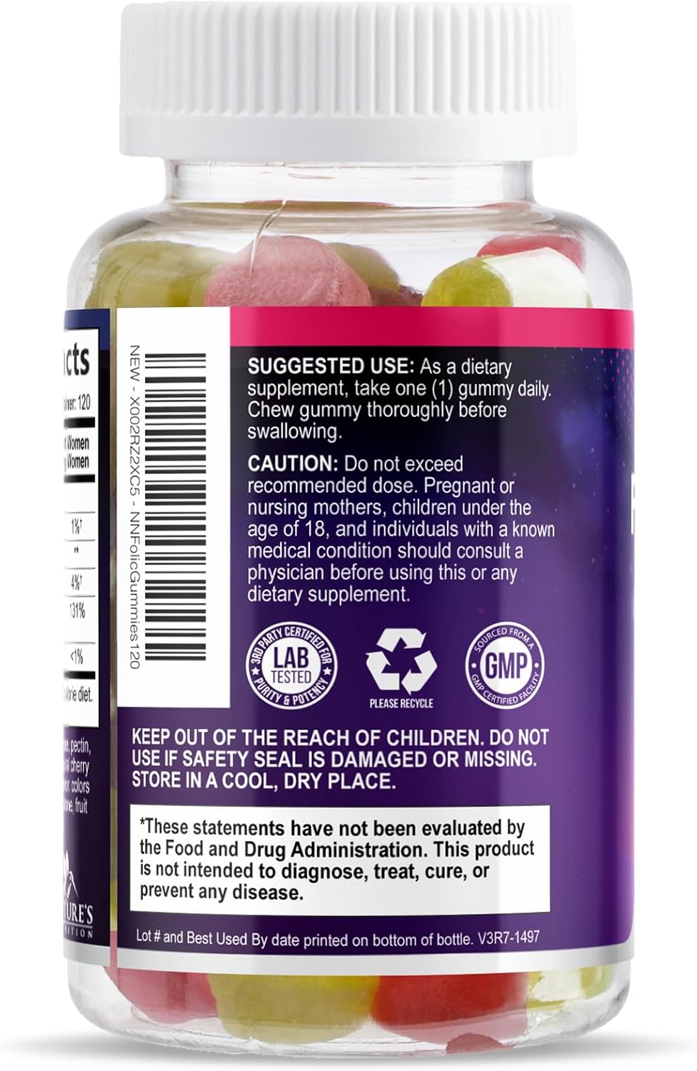 Nature's Nutrition Gominolas de Ácido Fólico - 785 mcg de Folato - Vitaminas Prenatales - 120 Gominolas de Naranja, Cereza y Uva