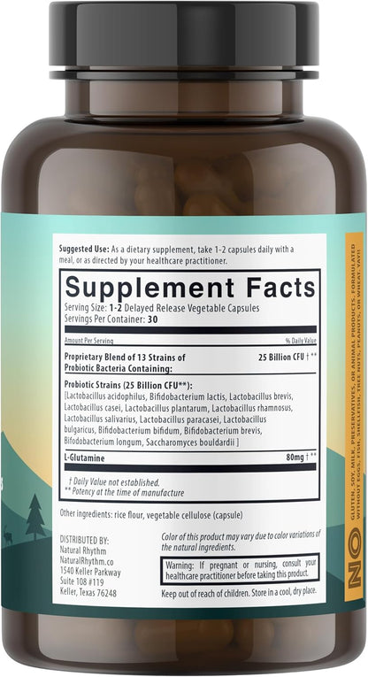Natural Rhythm Digestive Calm Probiotic + L-Glutamine – 25B CFU, 13 Cepas, Suplemento Digestivo e Inmunitario, 60 Cápsulas – Image 2