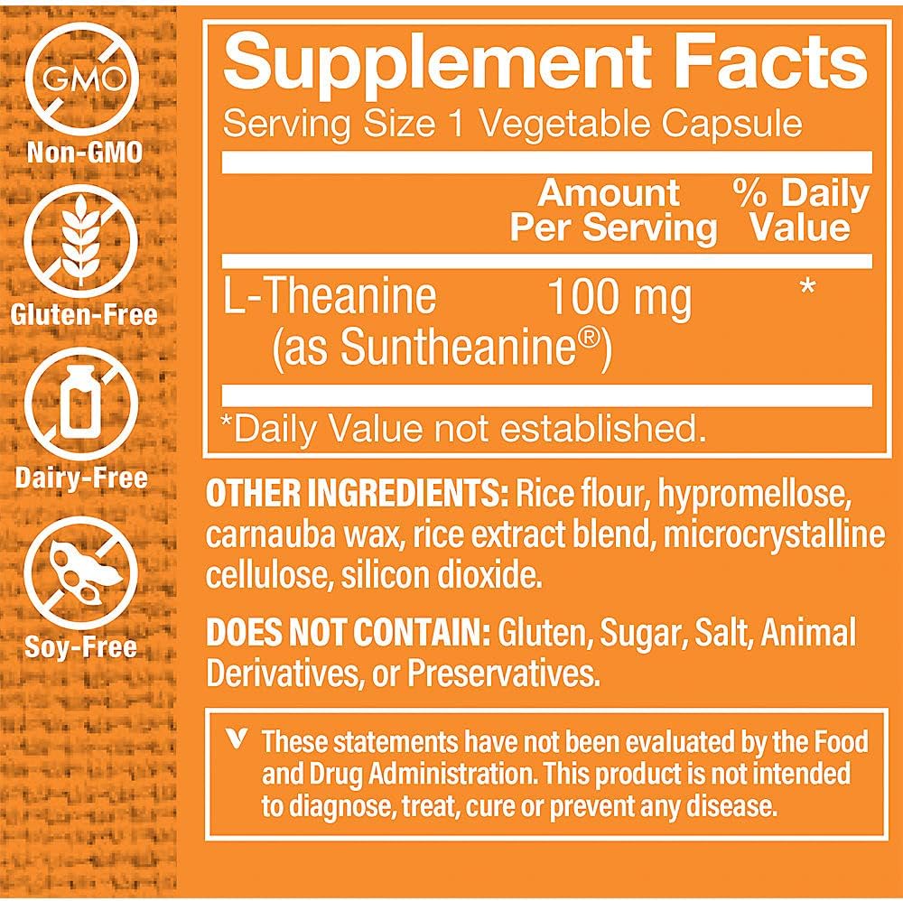 The Vitamin Shoppe L-Teanina 100mg - Calma, Concentración y Apoyo contra el Estrés, Aminoácido del Té Verde (60 Cápsulas)