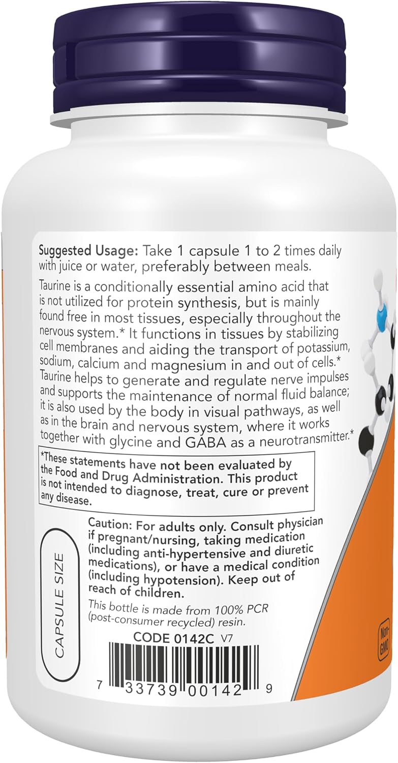 NOW Foods Taurine 1000 mg, Double Strength, 100 Veg Capsules