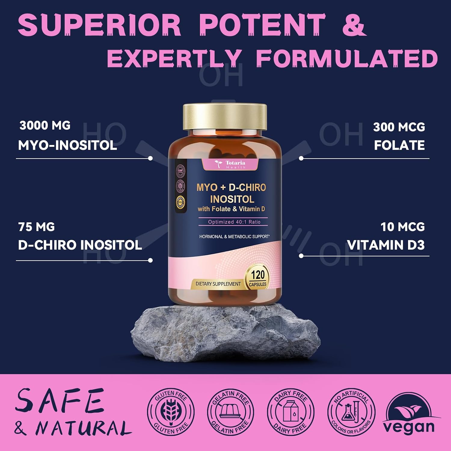 Totaria Myo-Inositol & D-Chiro Inositol 40:1 con Vitamina D3 y Folato - 120 Cápsulas Vegetales