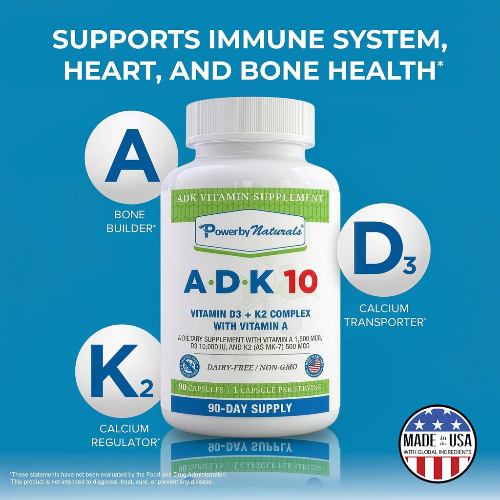 Power By Naturals ADK 10 – Vitaminas A, D3 y K2 MK-7 – 90 Cápsulas