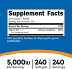 Nutricost Vitamina D3 5,000 UI (125 mcg), 240 Softgels - No GMO y Sin Gluten