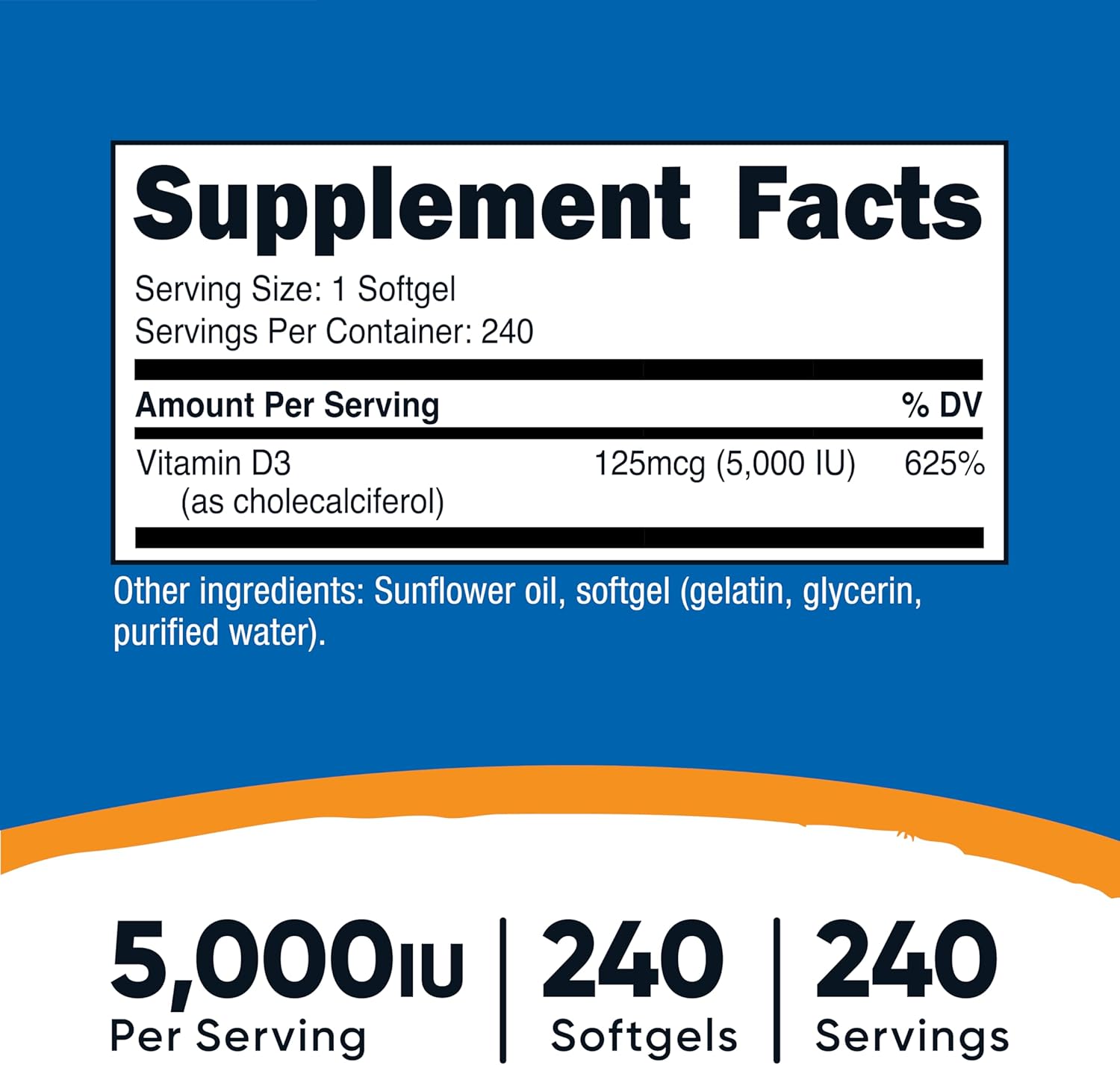 Nutricost Vitamina D3 5,000 UI (125 mcg), 240 Softgels - No GMO y Sin Gluten