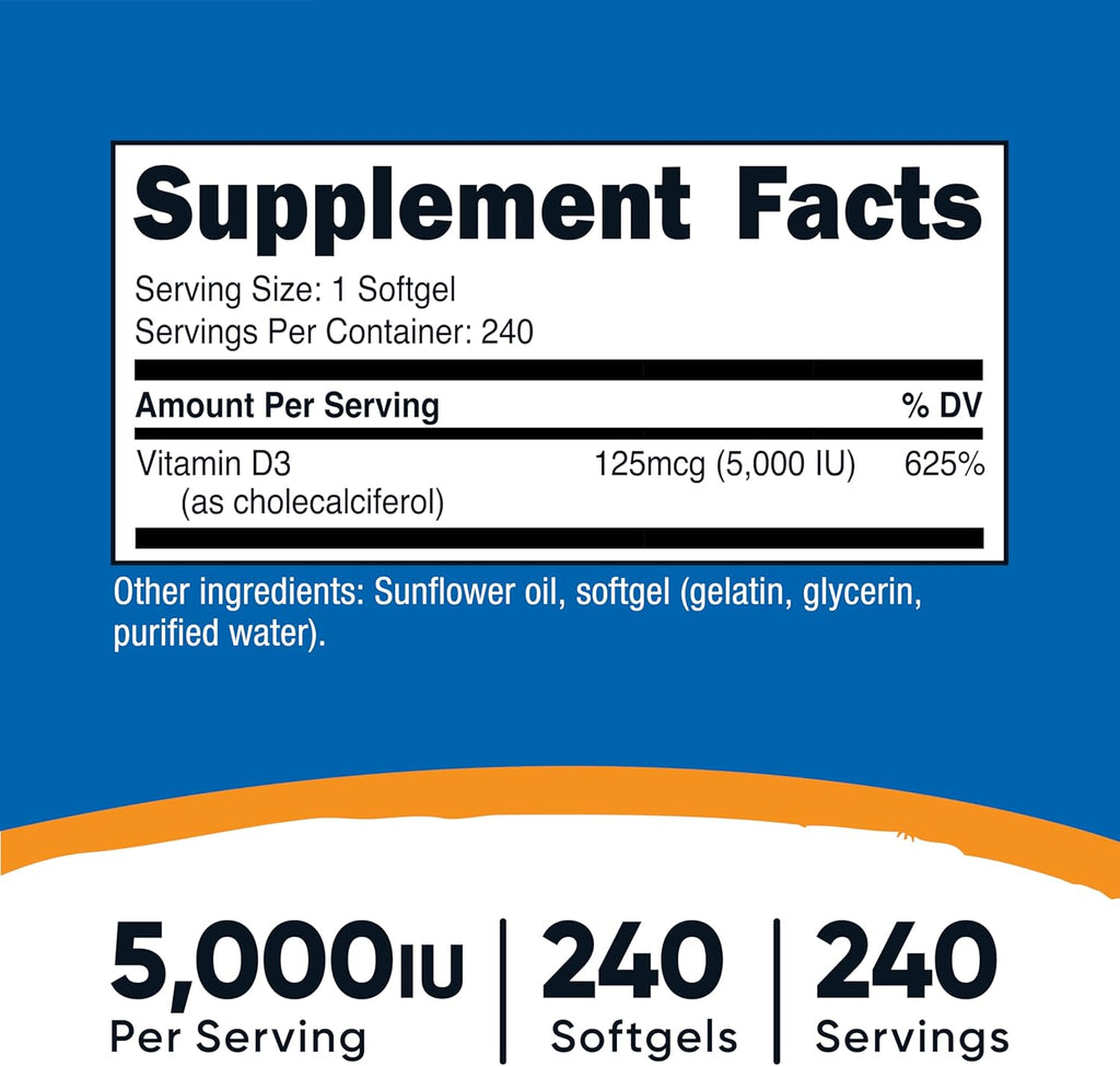 Nutricost Vitamina D3 5.000 UI (125 mcg) - 240 Cápsulas Blandas - No-GMO y Sin Gluten