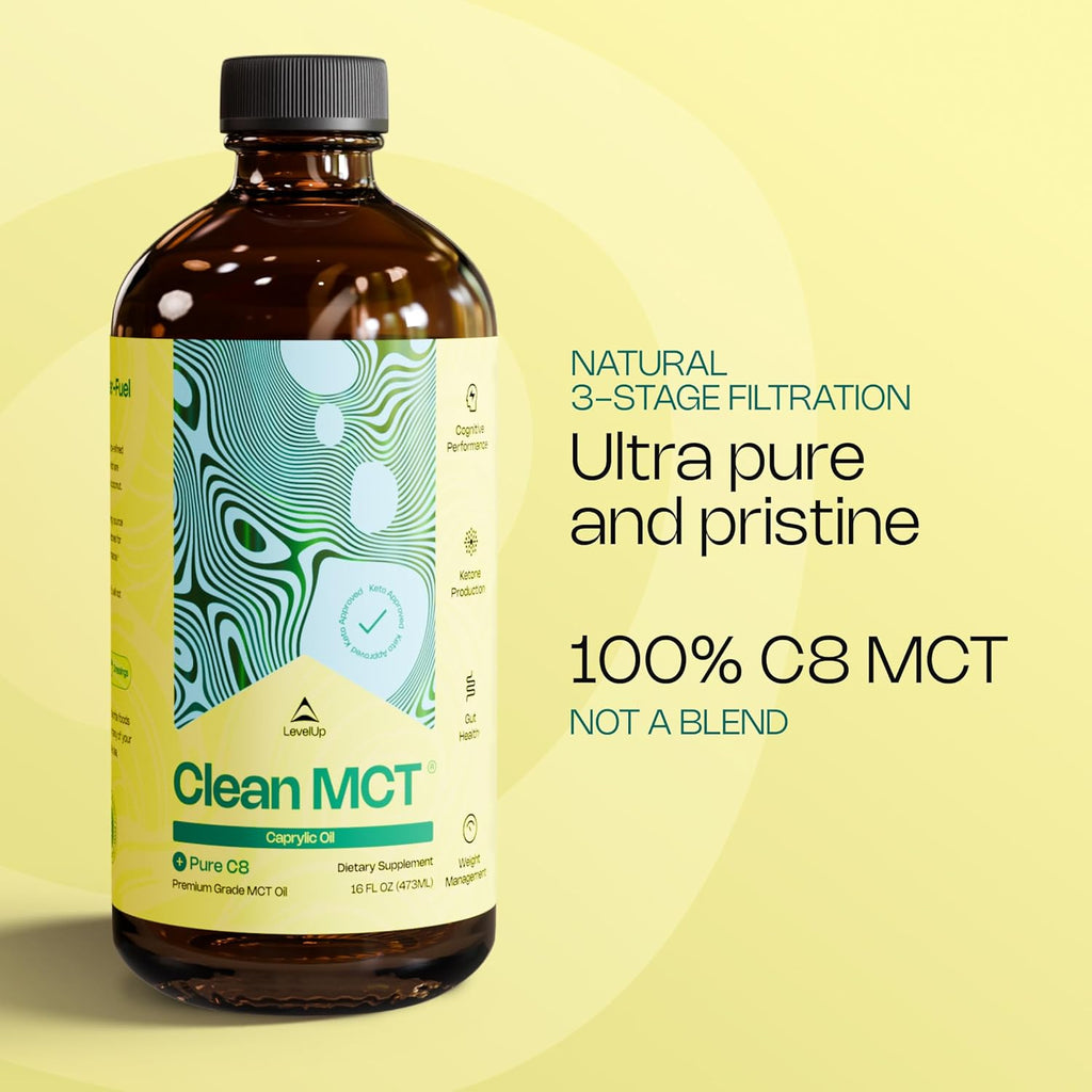 LevelUp Aceite MCT C8 Puro - 100% Ácido Caprílico de Coco - Sin Sabor - 473ml