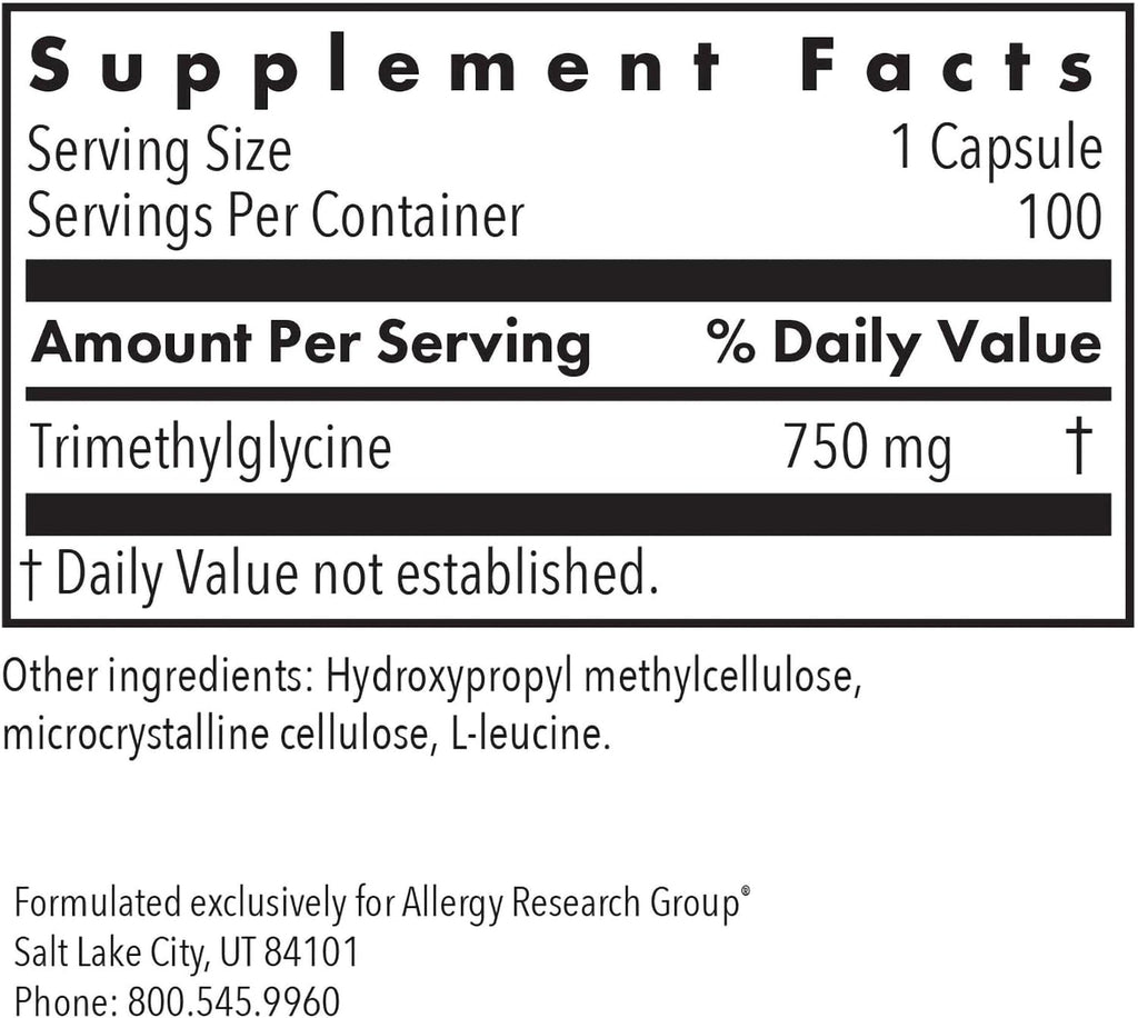 Trimetilglicina (TMG) 750 mg – Allergy Research Group – 100 Cápsulas