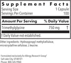Trimetilglicina (TMG) 750 mg – Allergy Research Group – 100 Cápsulas