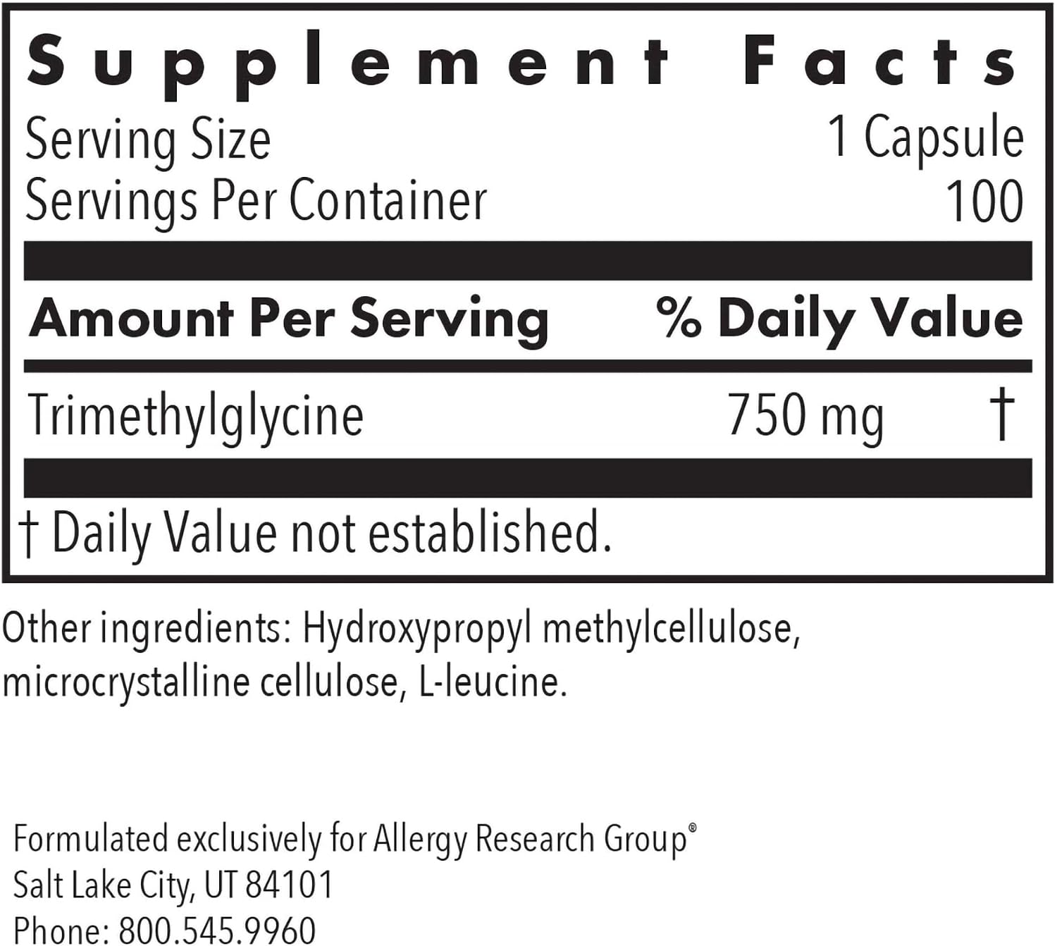 Trimetilglicina (TMG) 750 mg – Allergy Research Group – 100 Cápsulas