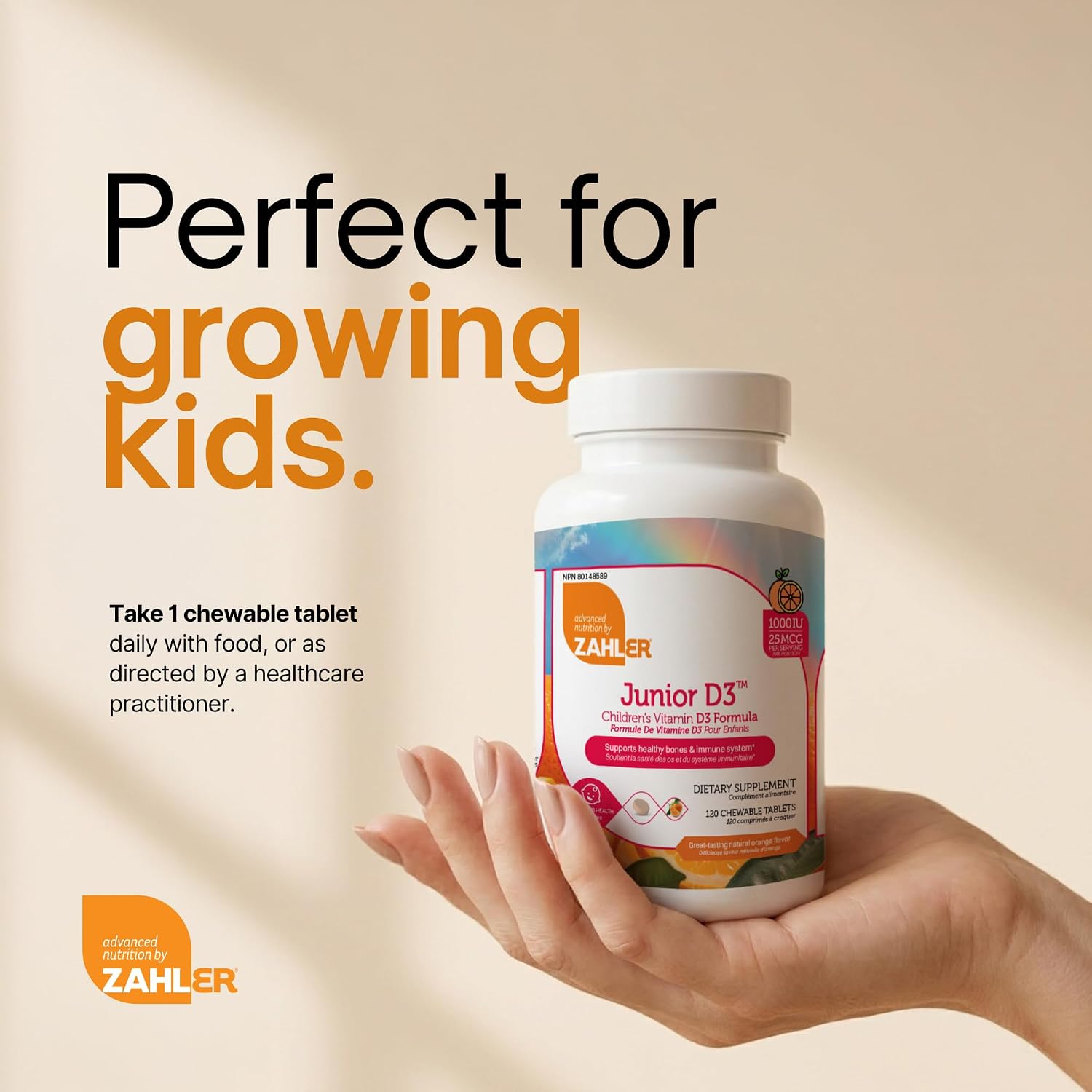 Zahler Junior D3 - 120 Comprimidos Masticables de Vitamina D3 (1000 UI) Sabor Naranja