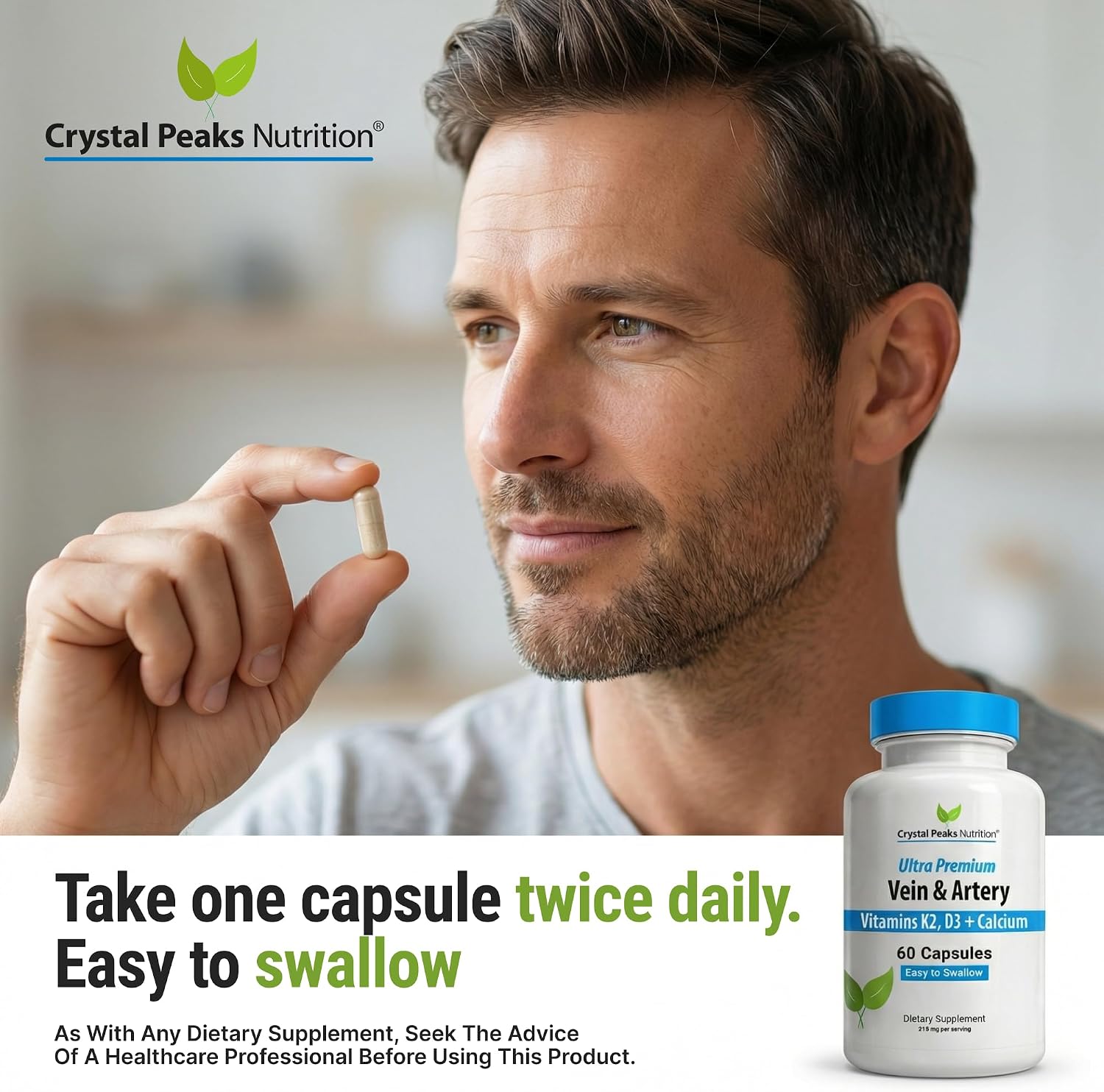 CRYSTAL PEAKS NUTRITION Suplemento para Venas y Arterias - Apoyo a la Circulación Sanguínea con Calcio, Vitaminas K2 y D3 - 60 Comprimidos