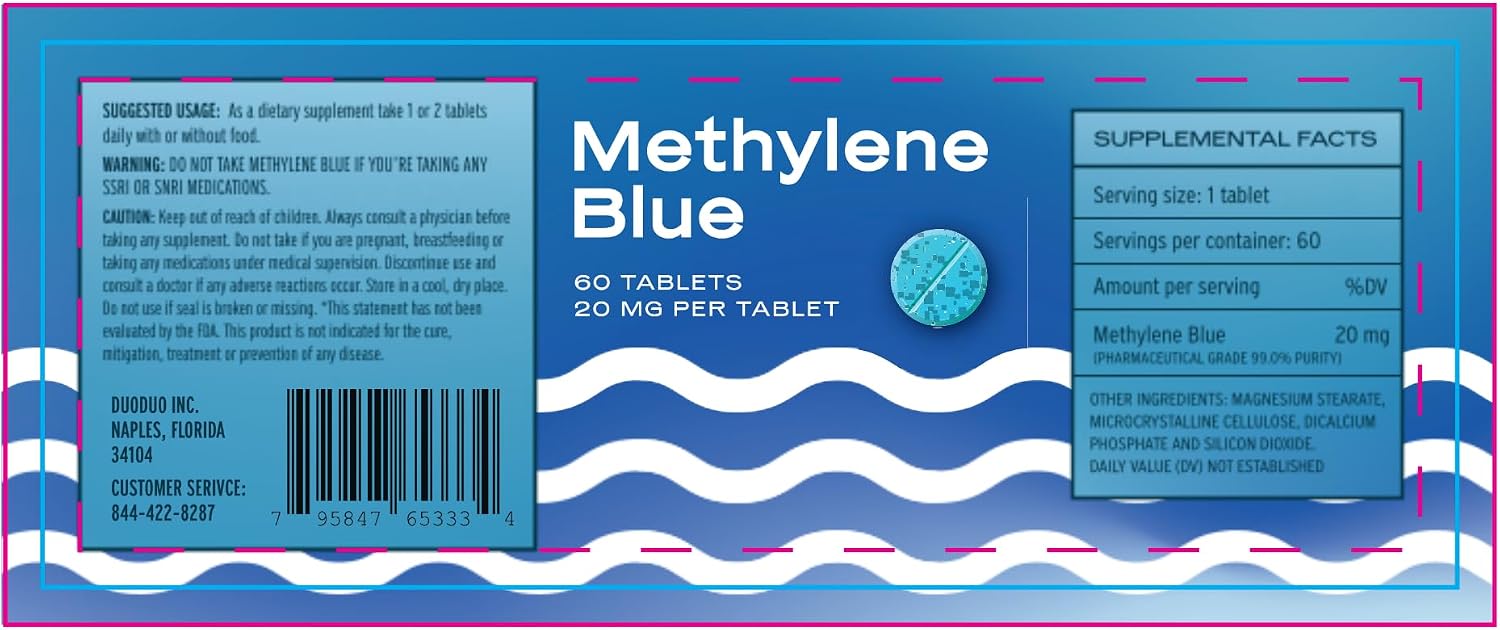 Azul de Metileno USP 20mg Comprimidos - 60 Unidades, Calidad Farmacéutica