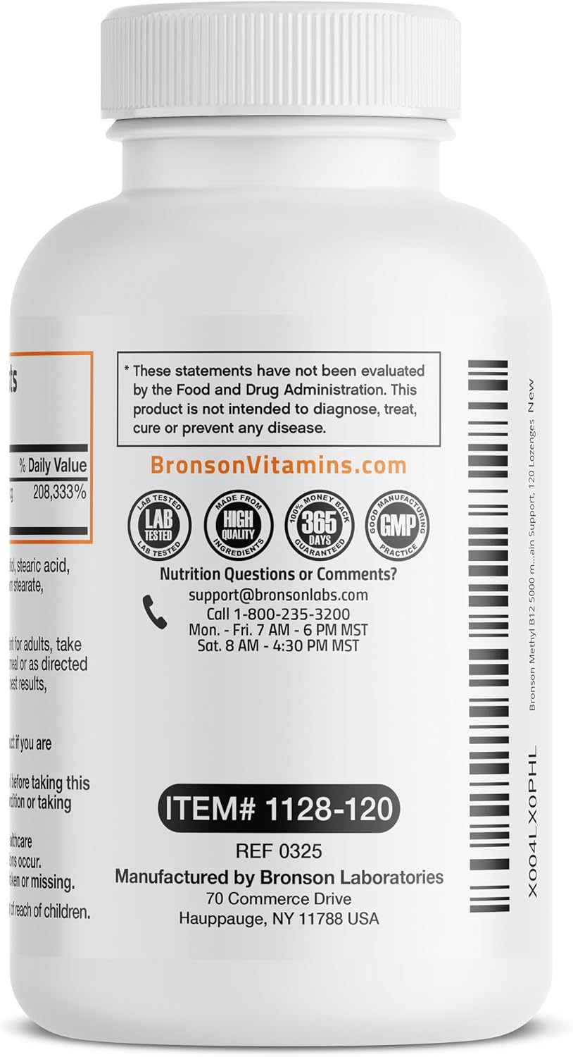 Bronson Methyl B12 5000 mcg - Metilcobalamina para Energía y Sistema Nervioso, 120 Comprimidos Sublinguales
