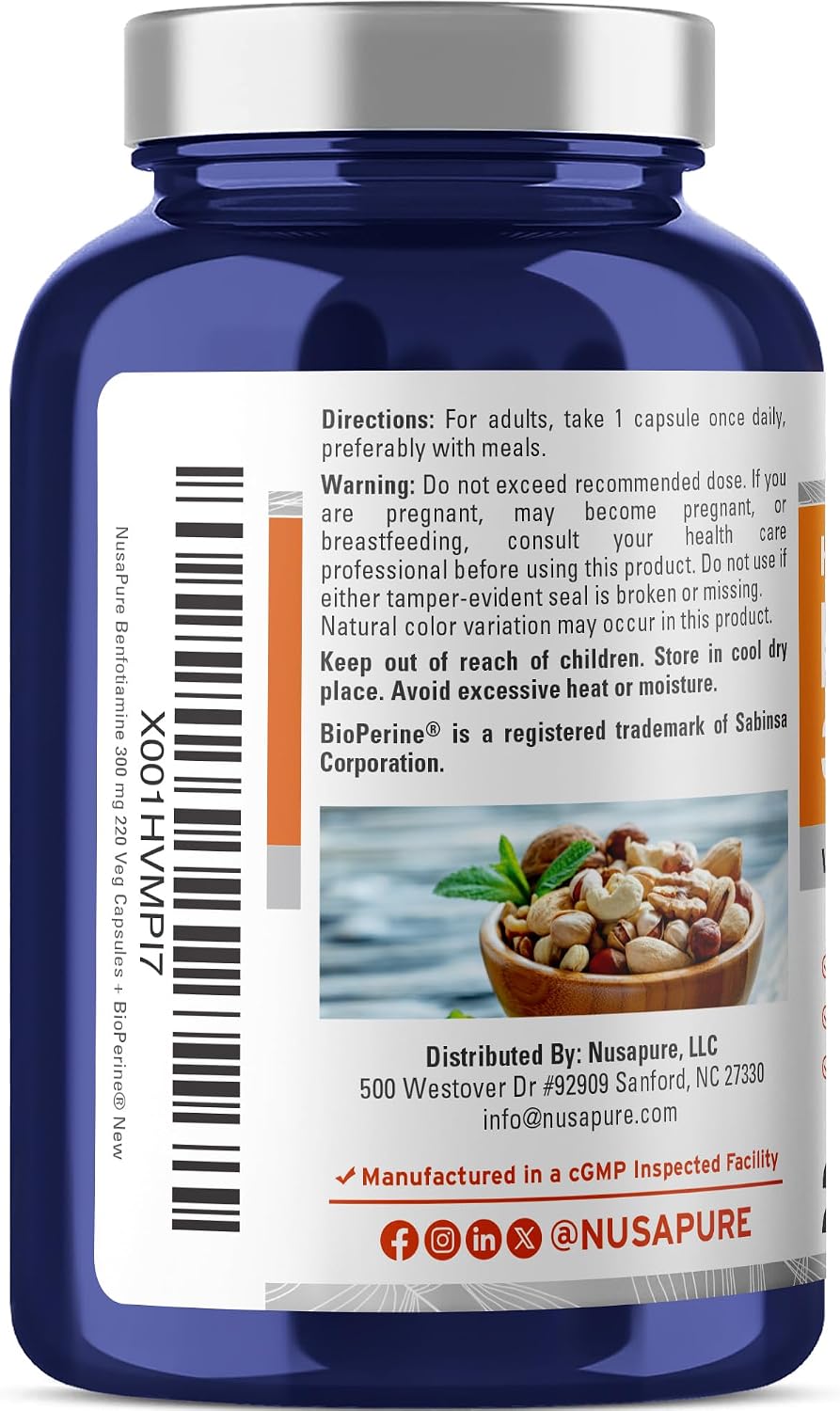 NusaPure Benfotiamina 300 mg por Cápsula Vegetal, 220 Cápsulas (No OGM, Vegano) con Bioperina