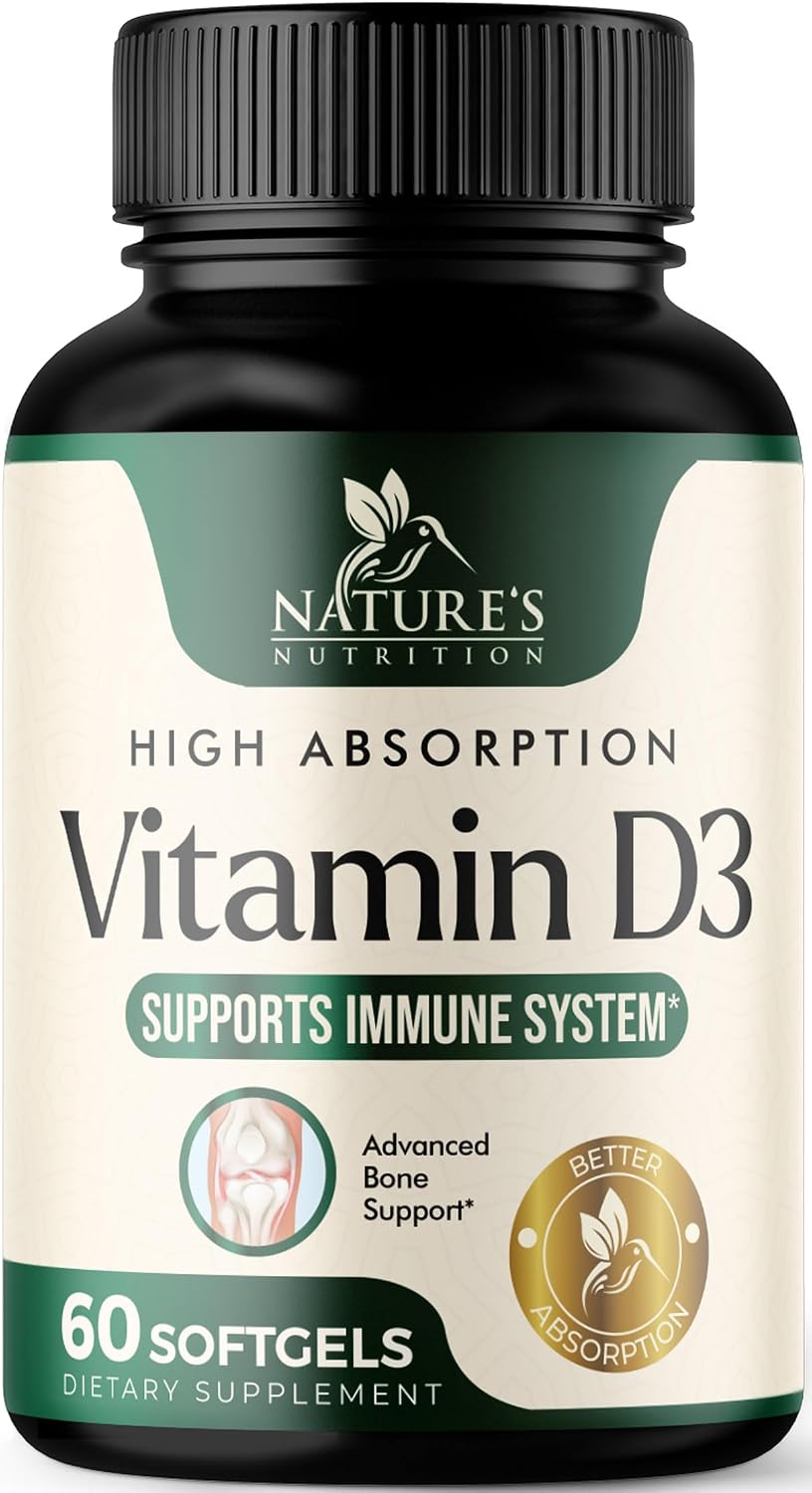 Nature's Nutrition Vitamina D3 5000 UI - 60 Cápsulas Blandas - Suplemento Extra Fuerte para Huesos, Dientes, Músculos e Inmunidad