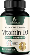 Nature's Nutrition Vitamina D3 5000 UI - 60 Cápsulas Blandas - Suplemento Extra Fuerte para Huesos, Dientes, Músculos e Inmunidad