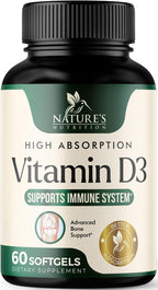 Nature's Nutrition Vitamina D3 5000 UI - 60 Cápsulas Blandas - Suplemento Extra Fuerte para Huesos, Dientes, Músculos e Inmunidad