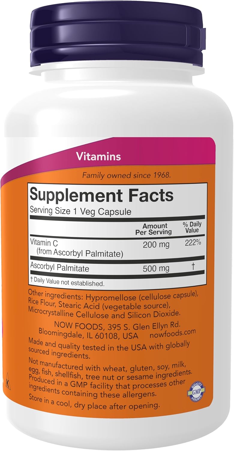 NOW Foods Ascorbil Palmitato 500 mg - Vitamina C Esterificada - 100 Cápsulas Veganas