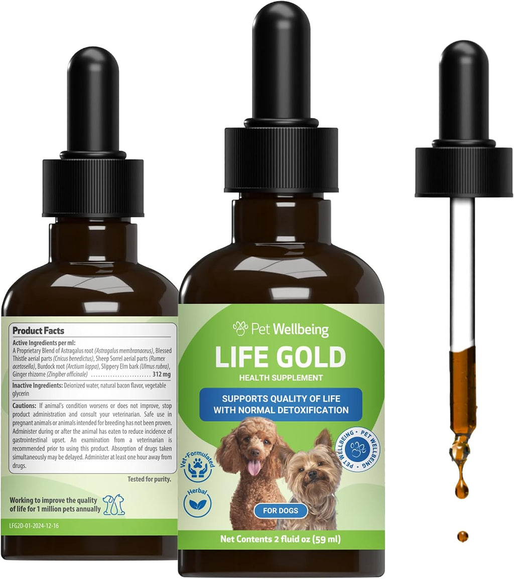 Pet Wellbeing Life Gold para Perros - Apoyo a la Desintoxicación y Salud Inmunológica con Astrágalo y Acedera - Fórmula Líquida de 118 ml