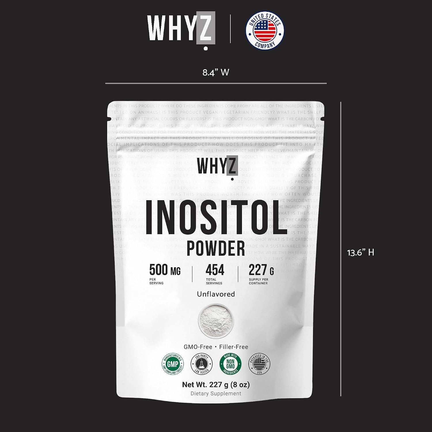 Inositol Powder 8oz, Natural Inositol Supplement for Ovarian Support, Fertility and Hormonal Balance, Pure Inositol Powder, Inositol Supplement for Energy, Brain Health, 454 Servings