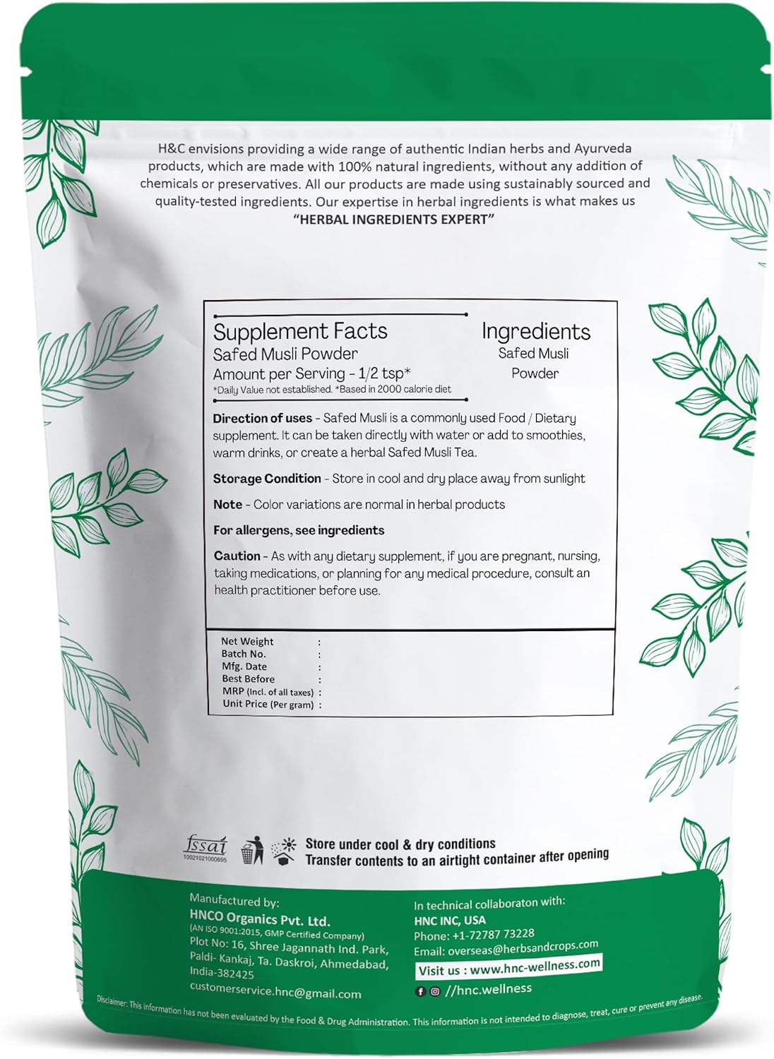 Polvo de Safed Musli Cultivado Silvestre 100% Natural - Chlorophytum Borivilianum 227 g - H&C