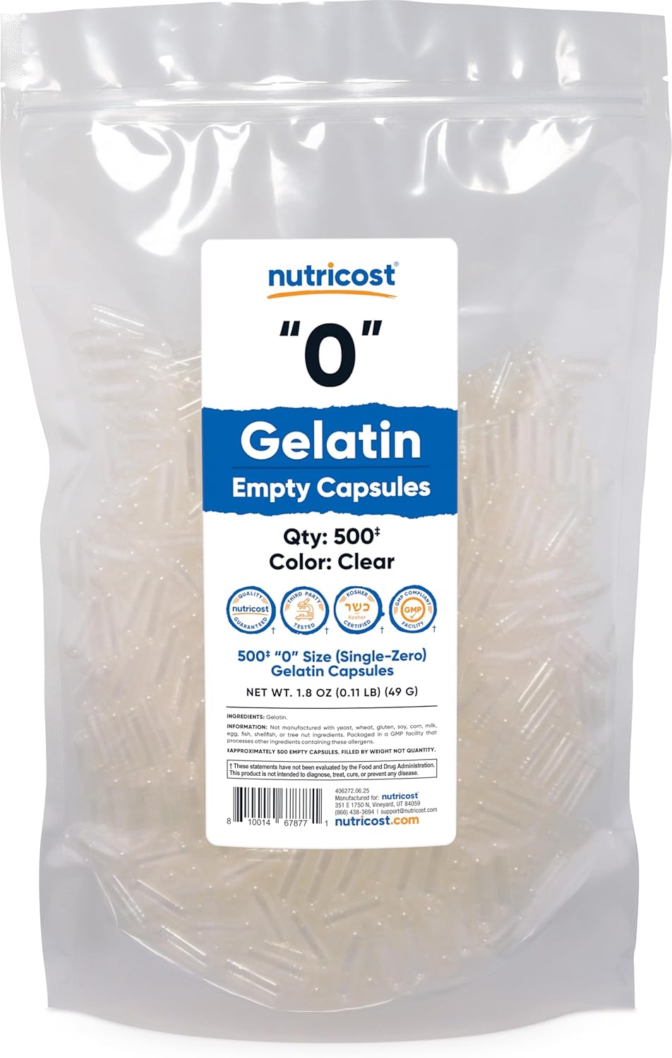 Nutricost Cápsulas Vacías de Gelatina Tamaño 0 - 500 Cápsulas Transparentes - Kosher, No GMO, Sin Soja, Sin Gluten