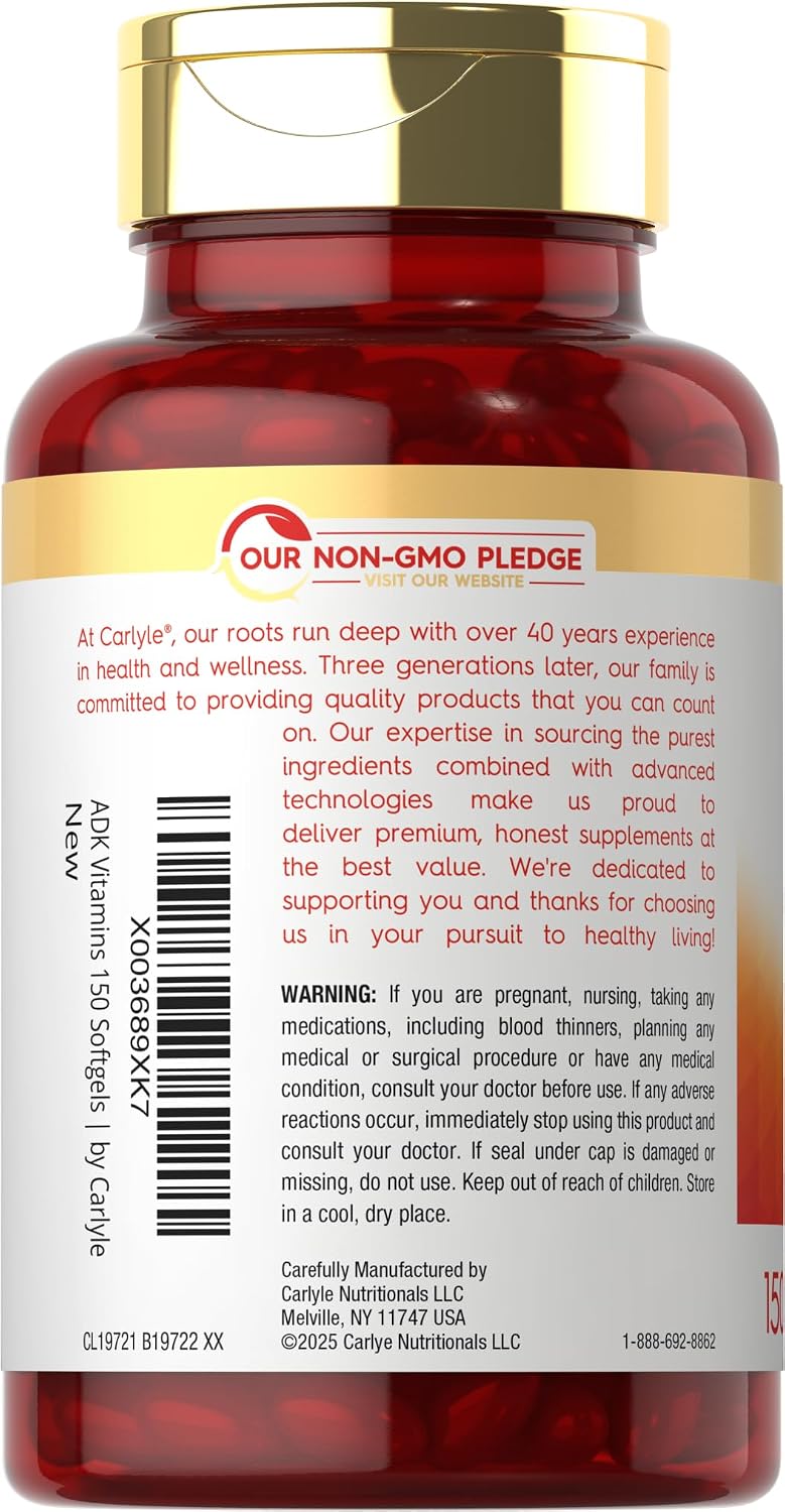 Carlyle Vitamin ADK Supplement | 150 Softgels | con Vitaminas A, D3 (5000 UI), K1, K2 (MK-4 y MK-7) | No GMO, Sin Gluten