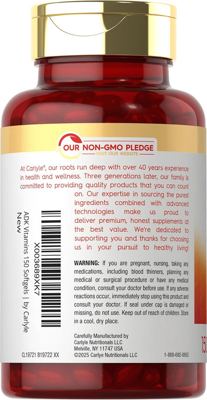 Carlyle Vitamin ADK Supplement | 150 Softgels | con Vitaminas A, D3 (5000 UI), K1, K2 (MK-4 y MK-7) | No GMO, Sin Gluten – Image 3
