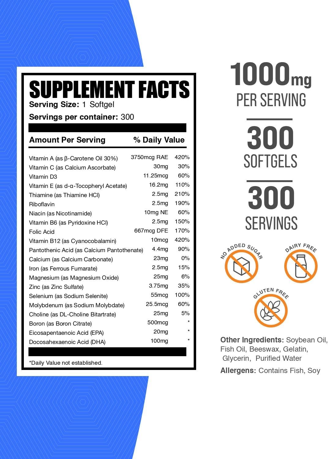 BulkSupplements.com Multivitamínico para Hombres 50+ con Aceite de Pescado, 300 Cápsulas Blandas