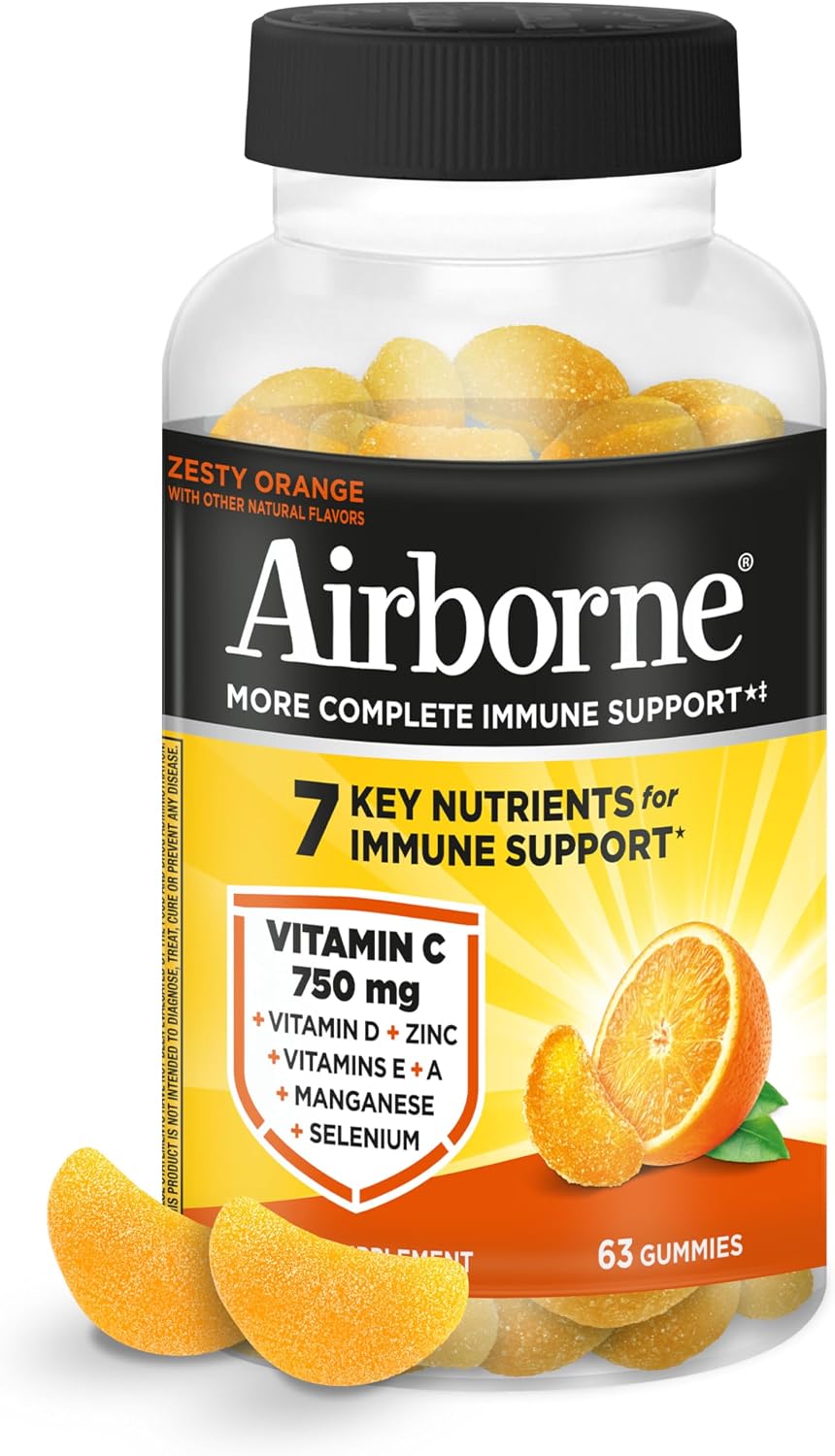 Airborne Immune Support Gummies, Orange Flavor, 63 Count – 750 mg Vitamin C + Vitamins A, D & E + Zinc, Selenium & Manganese | Herbal Blend | Natural Flavor