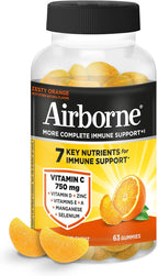Airborne Immune Support Gummies, Orange Flavor, 63 Count – 750 mg Vitamin C + Vitamins A, D & E + Zinc, Selenium & Manganese | Herbal Blend | Natural Flavor