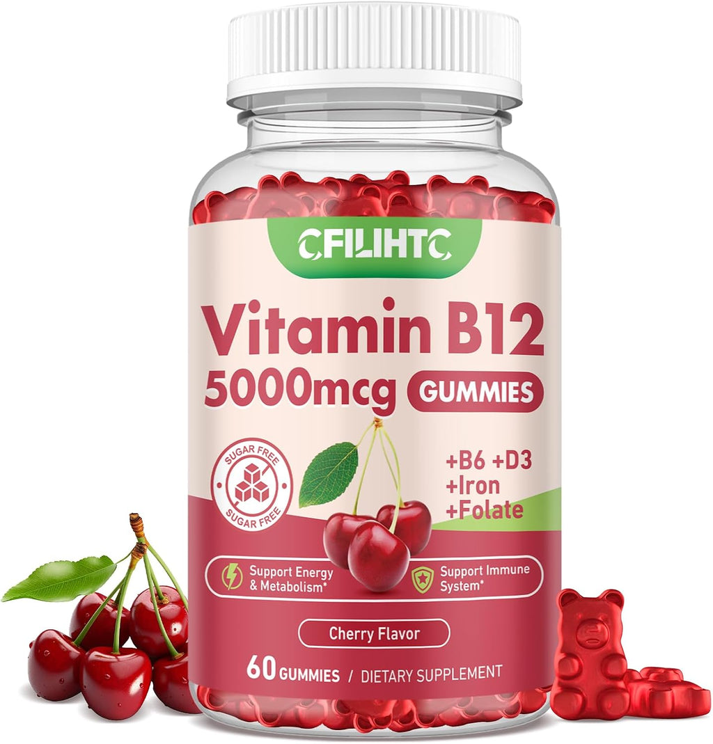 Gominolas de Vitamina B12 5000mcg con B6, D3, Hierro y Folato para Mujeres y Hombres - 2 Paquetes, Sin Azúcar