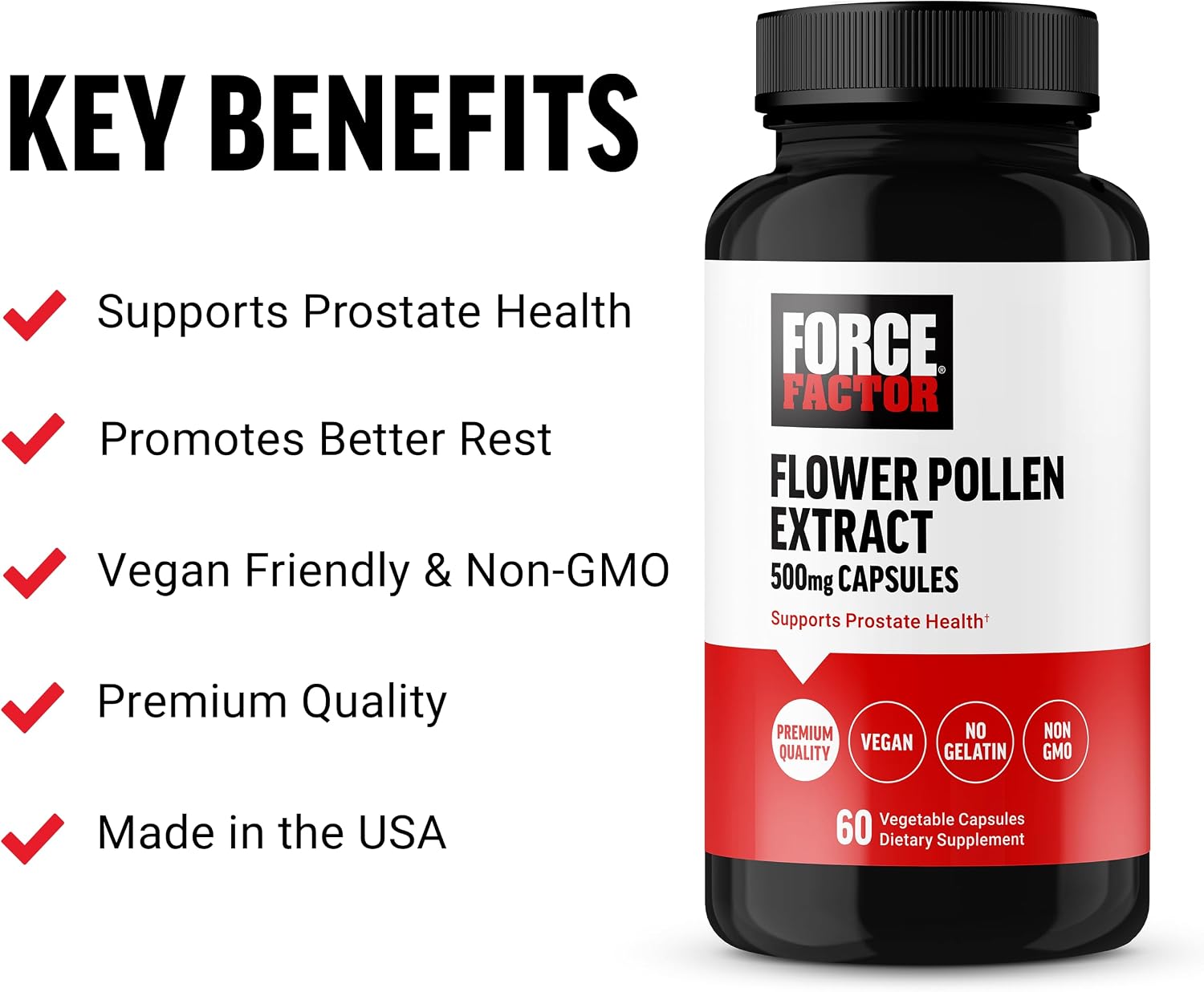 Force Factor Polen de Flores para la Próstata - Suplemento para la Salud Masculina, 500 mg, 60 Cápsulas Veganas