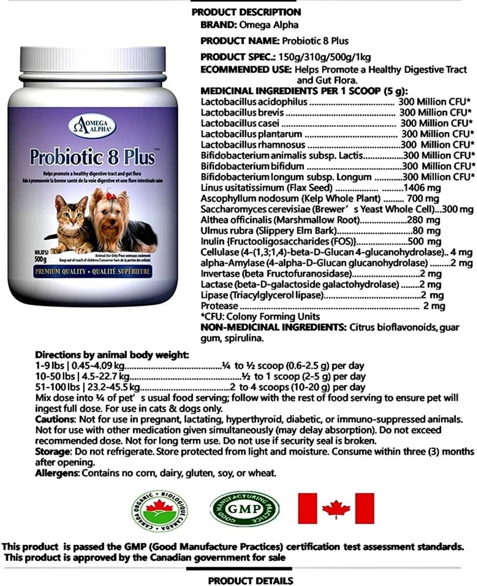Omega Alpha Probiotic 8 Plus - Probiótico y enzimas para perros y gatos (500g)