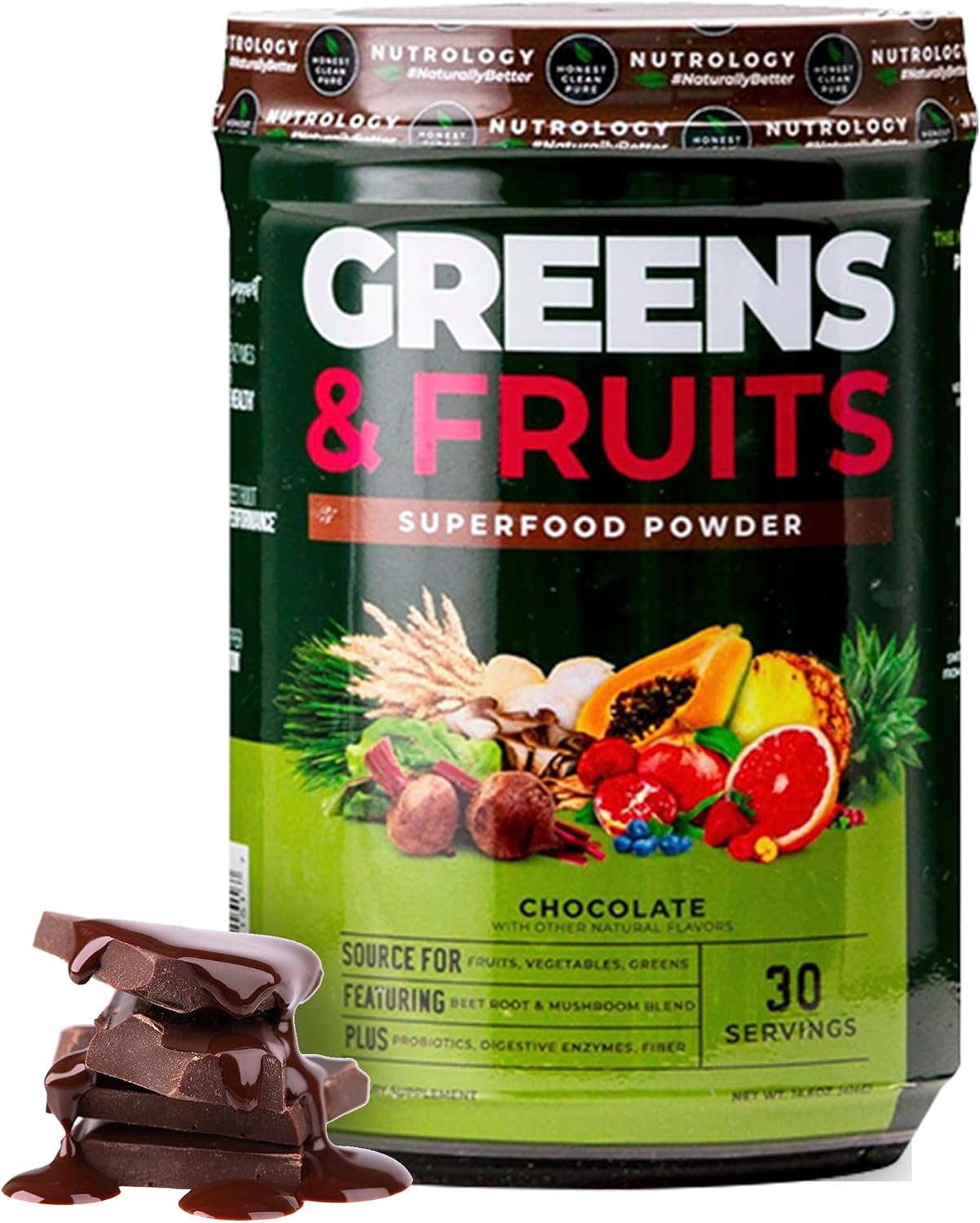 Nutrology Greens & Fruits Powder - Mezcla de frutas y verduras, remolacha, setas, probióticos, enzimas digestivas, fibra, antioxidantes - Sabor Chocolate - 30 raciones