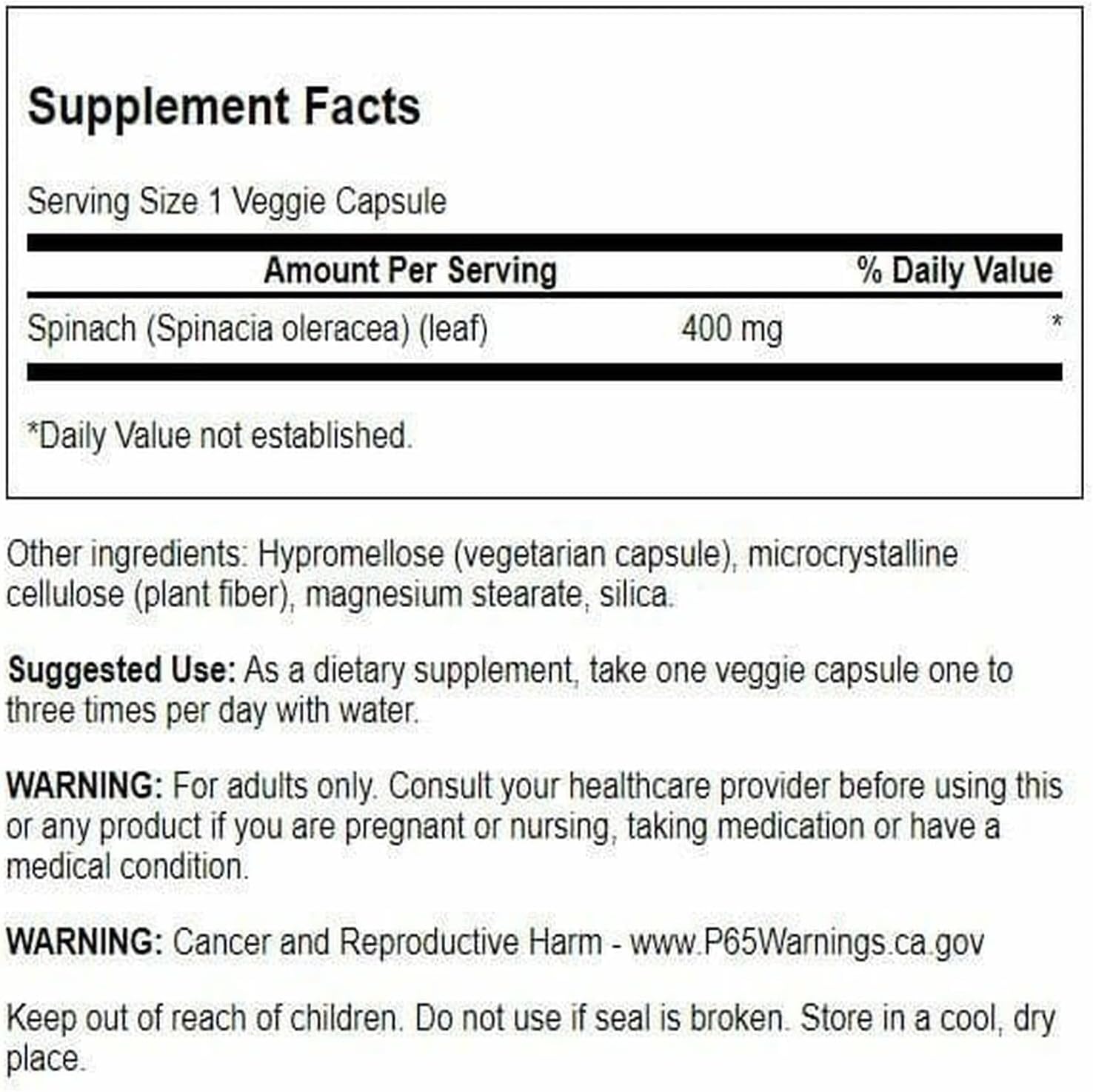 Swanson Full Spectrum Spinach Leaf 400 mg, 90 Cápsulas Vegetales