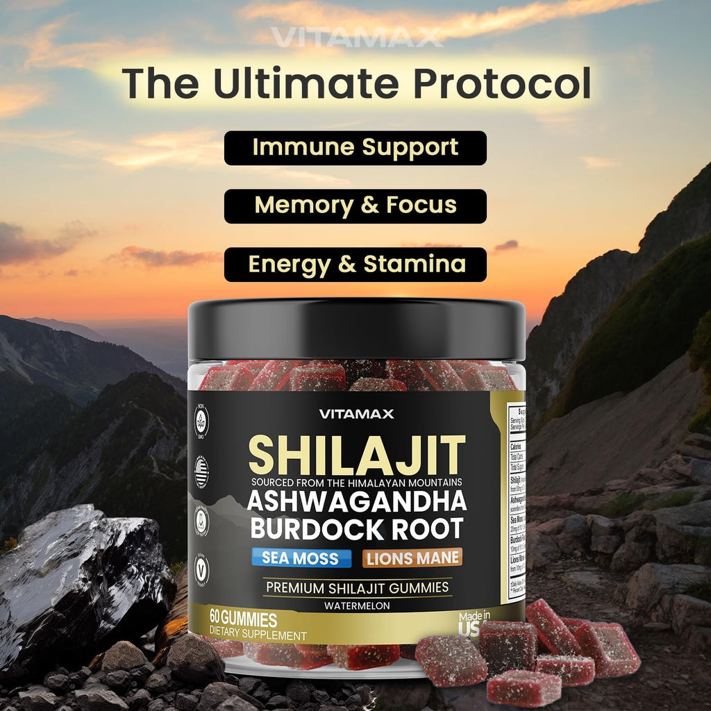 Pure Shilajit Gummies con Sea Moss, Ashwagandha y Minerales - Sabor Sandía - 60 Gomitas