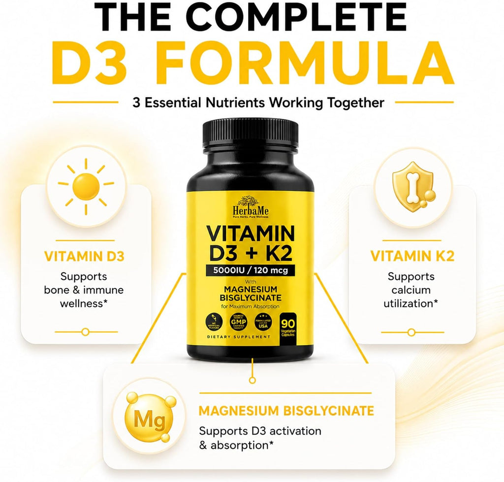 HerbaMe Vitamina D3 5000 UI + K2 con Magnesio Bisglicinato | Salud Ósea, Muscular e Inmune | 90 Cápsulas