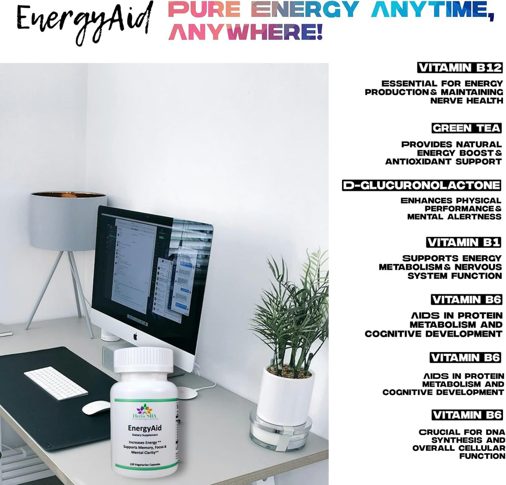 HerbSRA ENERGYAID Suplemento Antioxidante de Energía con Vitamina B6, Té Verde y CoQ10 – 120 Cápsulas Vegetarianas