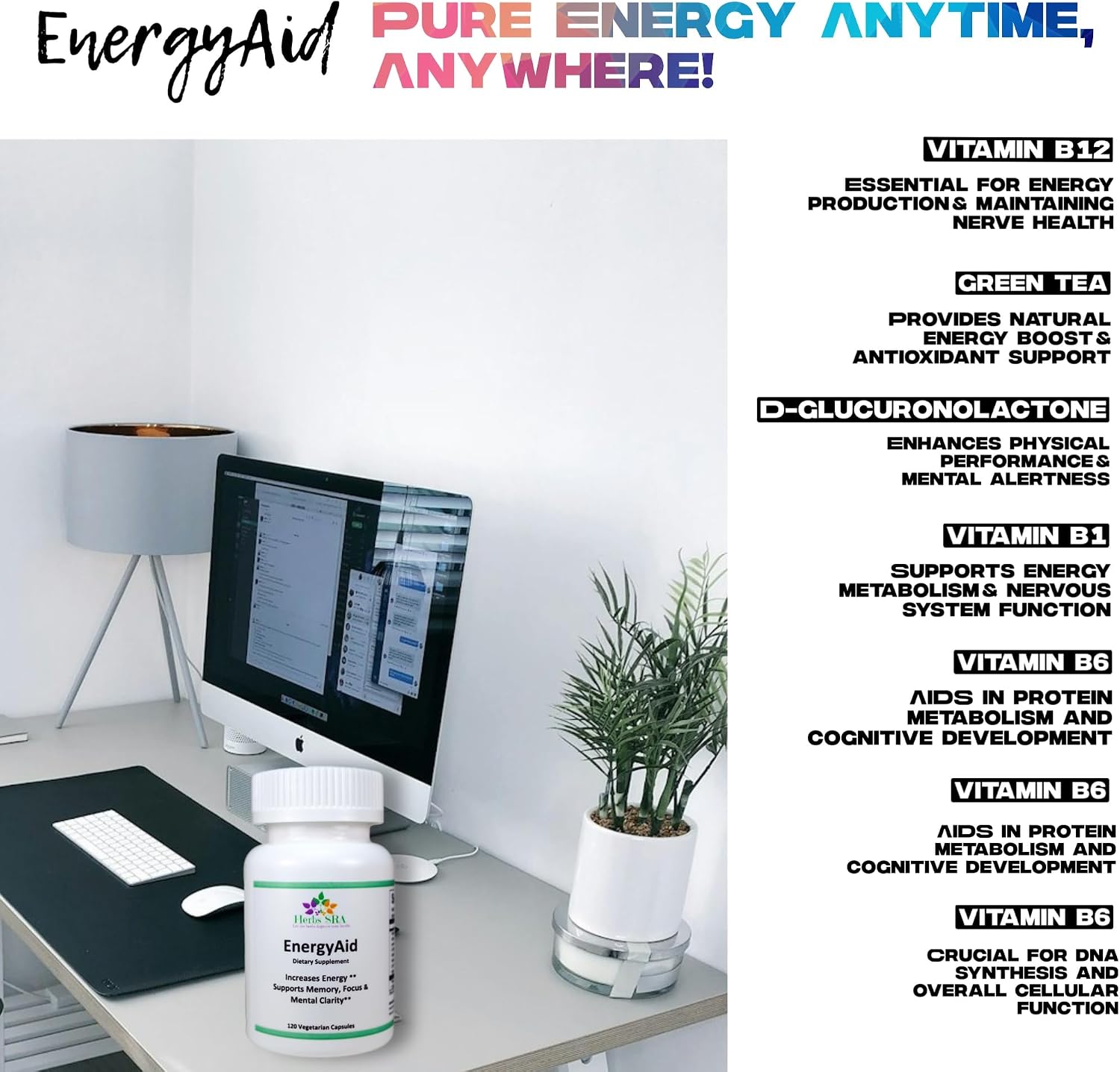 HerbSRA ENERGYAID Suplemento Antioxidante de Energía con Vitamina B6, Té Verde y CoQ10 – 120 Cápsulas Vegetarianas