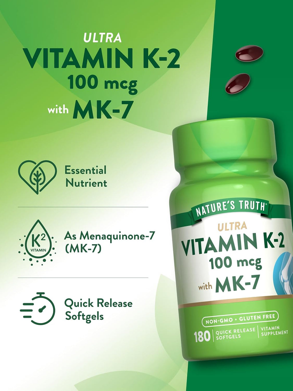 Nature's Truth Vitamina K2 MK-7 | 100 mcg | 180 Cápsulas Blandas | No-GMO y Sin Gluten