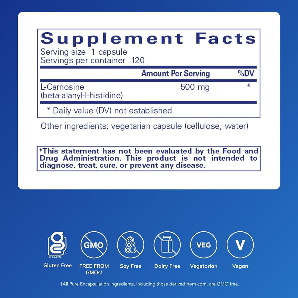 Pure Encapsulations L-Carnosina | Suplemento de Aminoácidos para Articulaciones, Cerebro, Antioxidantes, Salud Cardíaca y Ejercicio* | 120 Cápsulas