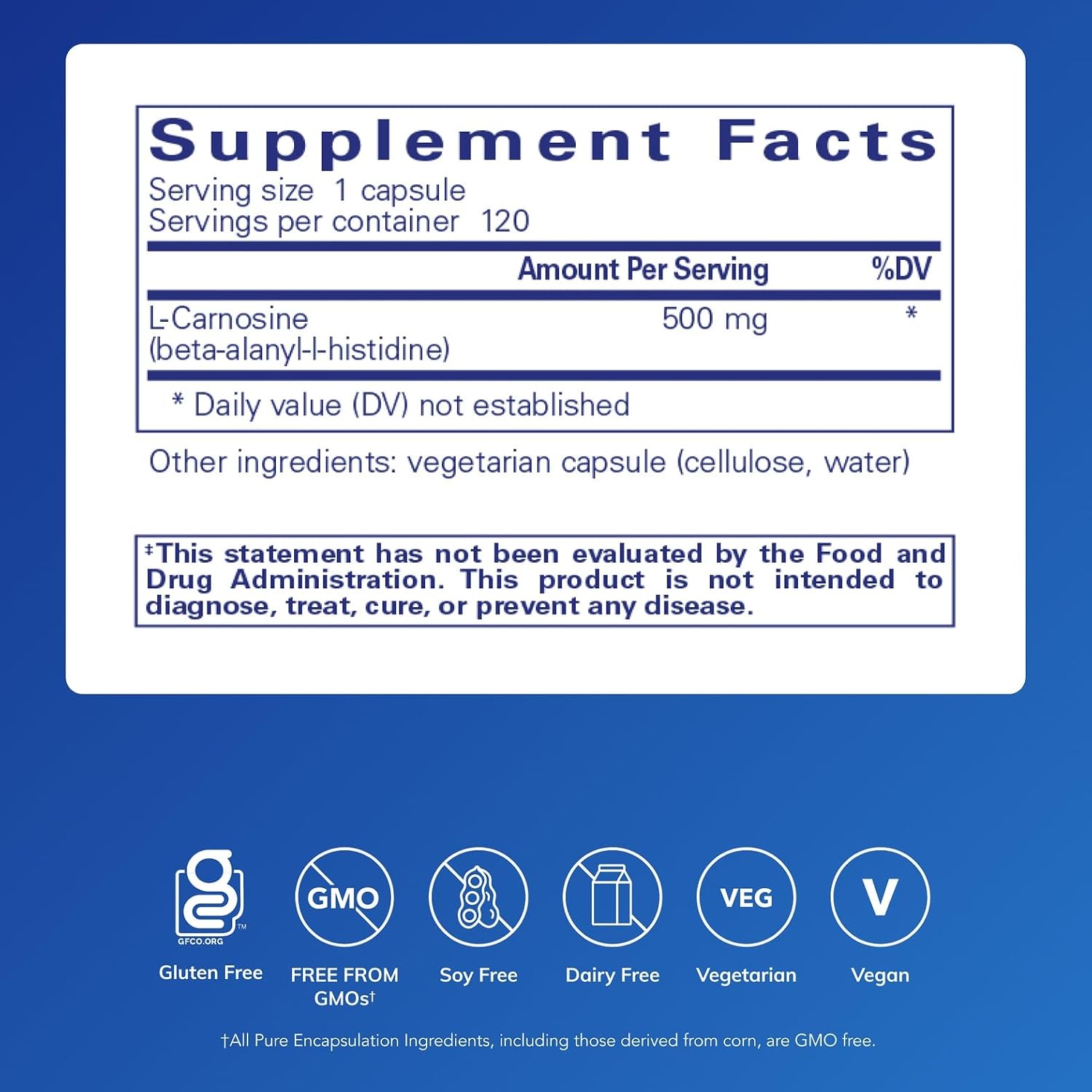 Pure Encapsulations L-Carnosina | Suplemento de Aminoácidos para Articulaciones, Cerebro, Antioxidantes, Salud Cardíaca y Ejercicio* | 120 Cápsulas