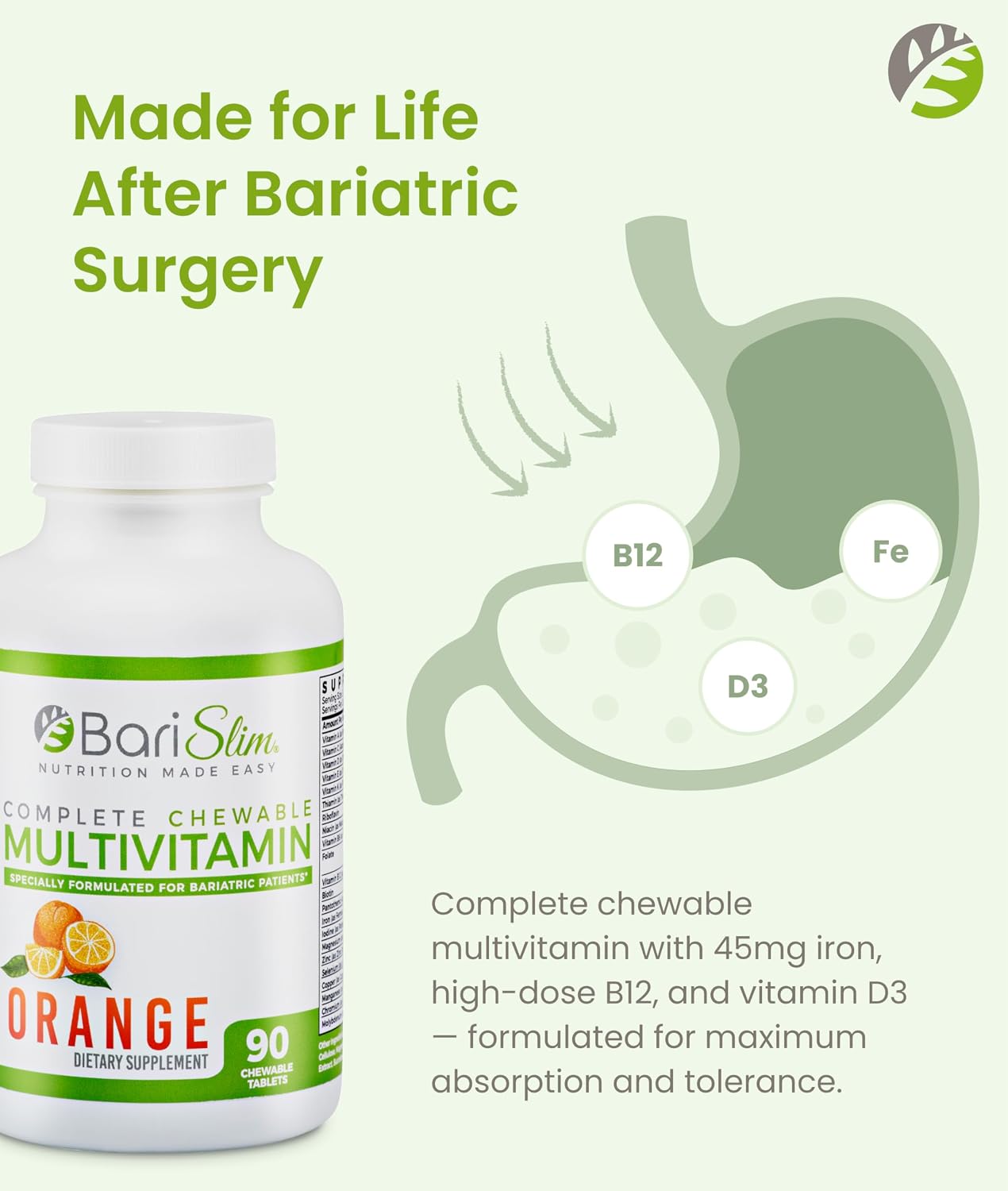 BariSlim Complete Multivitamínico Bariátrico Masticable - 45 mg Hierro - 90 Comprimidos Sabor Bayas Mixtas