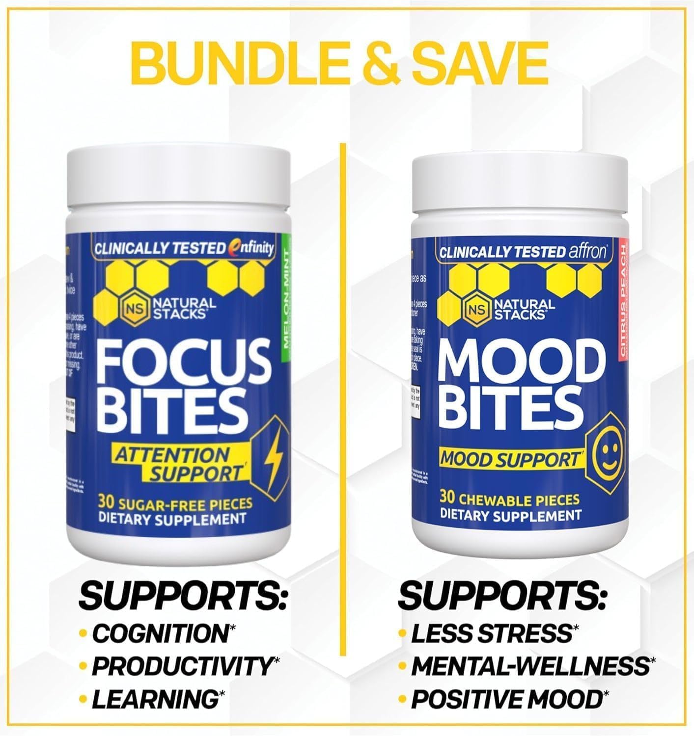 Mood Bites - Suplemento de Azafrán y Vitamina B3 para el Estado de Ánimo y Estrés - 30 Comprimidos Masticables Sabor Melocotón Cítrico